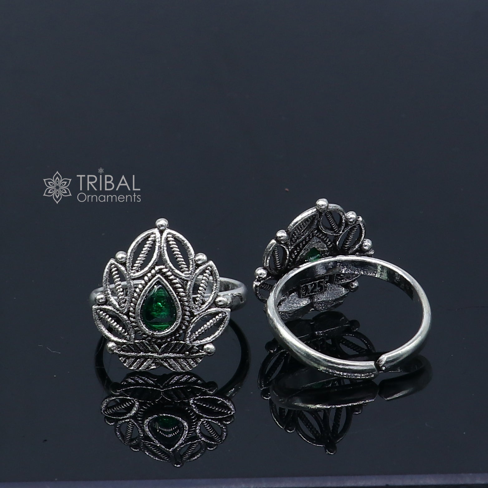 925 sterling silver adjustable size toe ring band green stone tribal belly dance ethnic cultural  jewelry from india ntr109 - TRIBAL ORNAMENTS