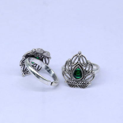 925 sterling silver adjustable size toe ring band green stone tribal belly dance ethnic cultural  jewelry from india ntr109 - TRIBAL ORNAMENTS
