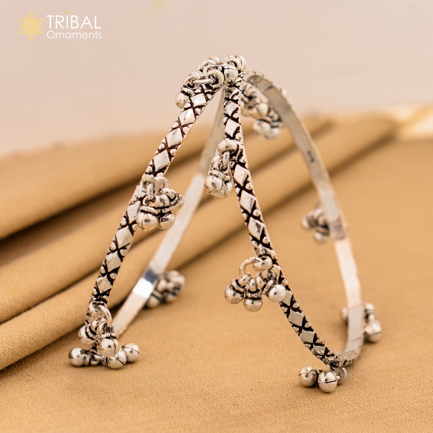 Sterling silver charm bangle bracelet with oxidized finish, personalized tribal jewelry suitable for belly dance accessories.