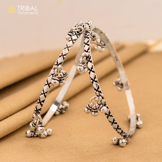 Sterling silver charm bangle bracelet with oxidized finish, personalized tribal jewelry suitable for belly dance accessories.