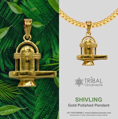 925 sterling silver Lord Shiva Lingam pendant with gold polish, tribal ornament design, ideal for gifting jewelry.