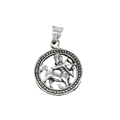 Sterling silver Sagittarius zodiac pendant featuring Dhanu Rashi symbol, ethnic horoscope jewelry by TRIBAL ORNAMENTS.