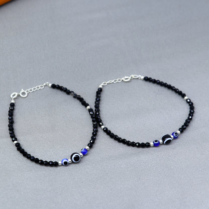 925 sterling silver evil eye black beaded chain bracelet with combo design, suitable as mother or baby anklet from TRIBAL ORNAMENTS