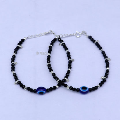 925 sterling silver and black beaded evil eye bracelet combo, suitable as mother or baby anklets, by TRIBAL ORNAMENTS.