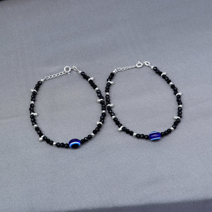 925 sterling silver and evil eye black beaded bracelet combo, suitable as mother bracelet or baby anklets, by Tribal Ornaments.