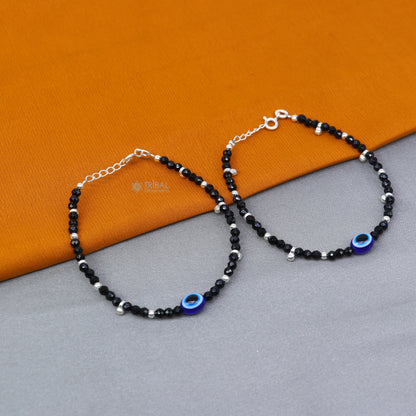 Sterling silver and black beaded evil eye bracelet combo, suitable as mother or baby anklets, by TRIBAL ORNAMENTS.
