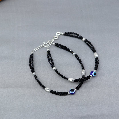 925 sterling silver and evil eye beaded bracelet combo, featuring blue beads and intricate designs, suitable as mother or baby anklets.