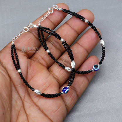 Sterling silver and blue beaded evil eye bracelet from TRIBAL ORNAMENTS, versatile for mothers or baby anklets, SBR752.