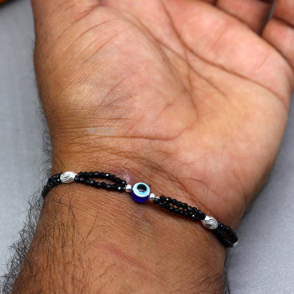 Sterling silver and blue beaded evil eye bracelet combo, suitable as mother or baby anklets, by TRIBAL ORNAMENTS.
