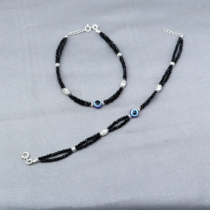 925 sterling silver and blue evil eye beaded bracelet combo, featuring a delicate chain design, suitable for mothers or baby anklets.