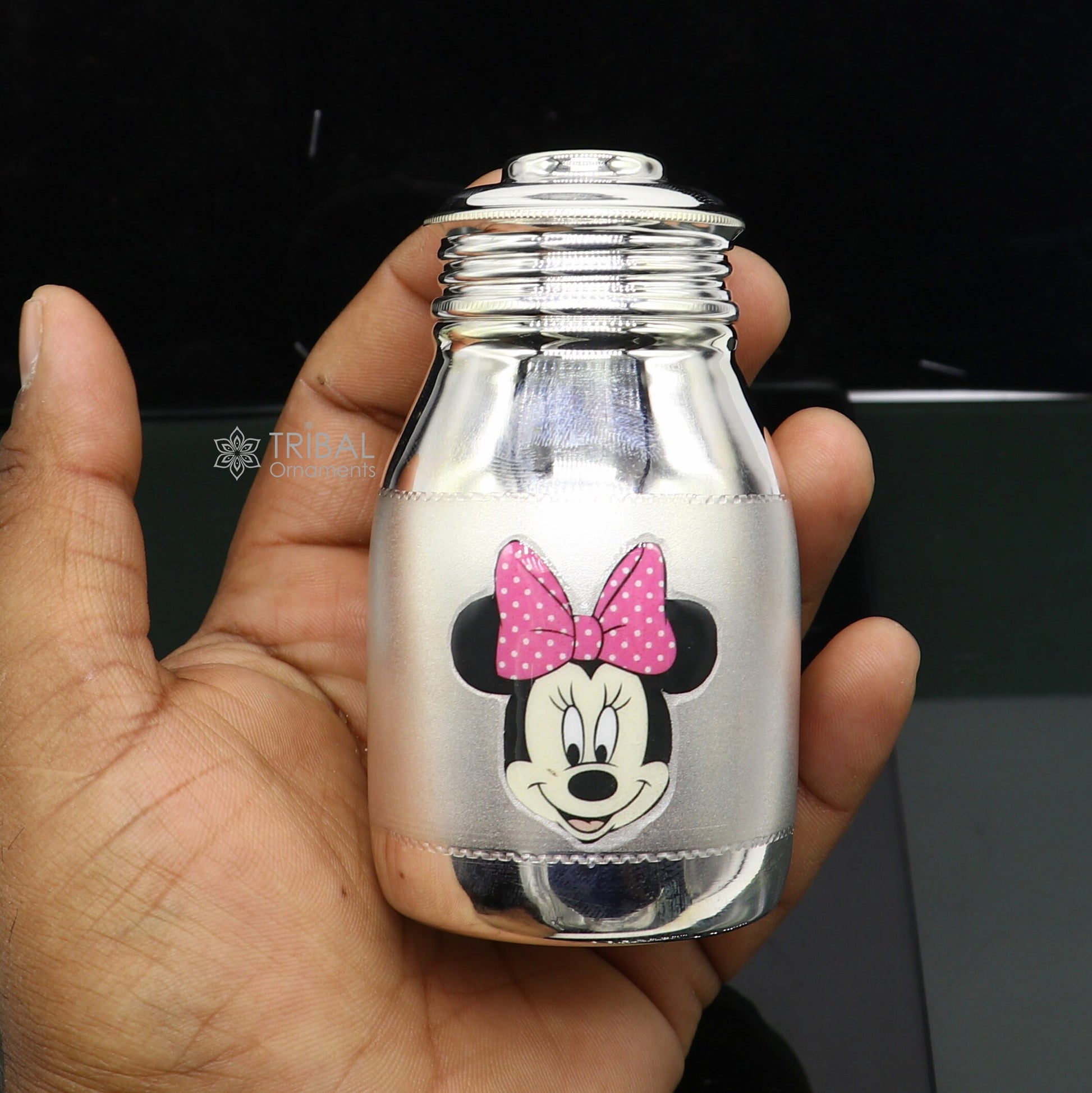 925 Sterling silver baby feeder milk and water bottle, handcrafted by Tribal Ornaments, ideal for kids gifting or keepsakes.