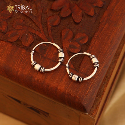 Sterling silver Bali hoops earrings with ball design, tribal ethnic jewelry by TRIBAL ORNAMENTS, showcasing intricate craftsmanship