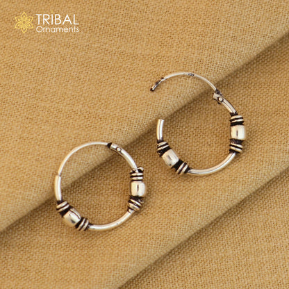 925 sterling silver Bali hoops earrings with ball design, tribal ethnic jewelry by TRIBAL ORNAMENTS, featuring traditional Bali style.