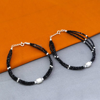 Sterling silver bead and black beaded chain bracelet combo, suitable as mother bracelet or baby anklet, by TRIBAL ORNAMENTS.