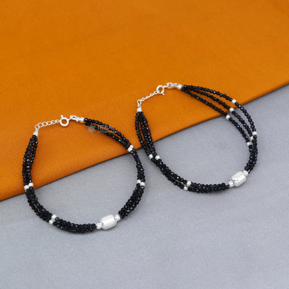 925 sterling silver bead and black beaded chain bracelet combo for mothers or baby anklets, from TRIBAL ORNAMENTS.