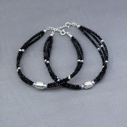 925 sterling silver bead and black beaded chain bracelet combo, suitable as a mother bracelet or baby anklet by TRIBAL ORNAMENTS.