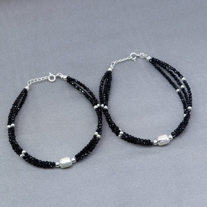 Sterling silver bead and black beaded chain bracelet combo for mother or baby anklets, by TRIBAL ORNAMENTS.