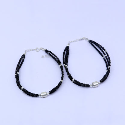 925 sterling silver bead and black beaded chain bracelet combo, suitable as mother bracelet or baby anklet, by TRIBAL ORNAMENTS.