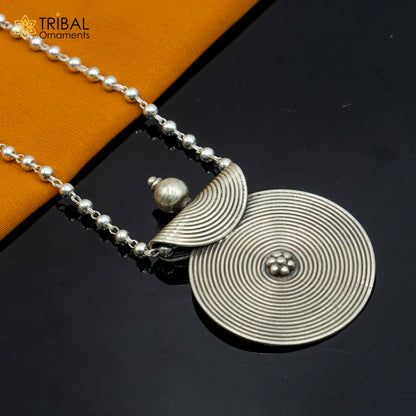 925 sterling silver beaded chain with spiral ethnic pendant and matching tribal jewelry set, featuring intricate traditional design