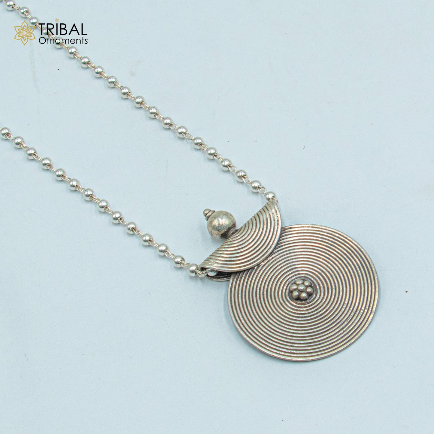 925 sterling silver beaded chain with spiral ethnic pendant, tribal jewelry set featuring a necklace and matching pendant.
