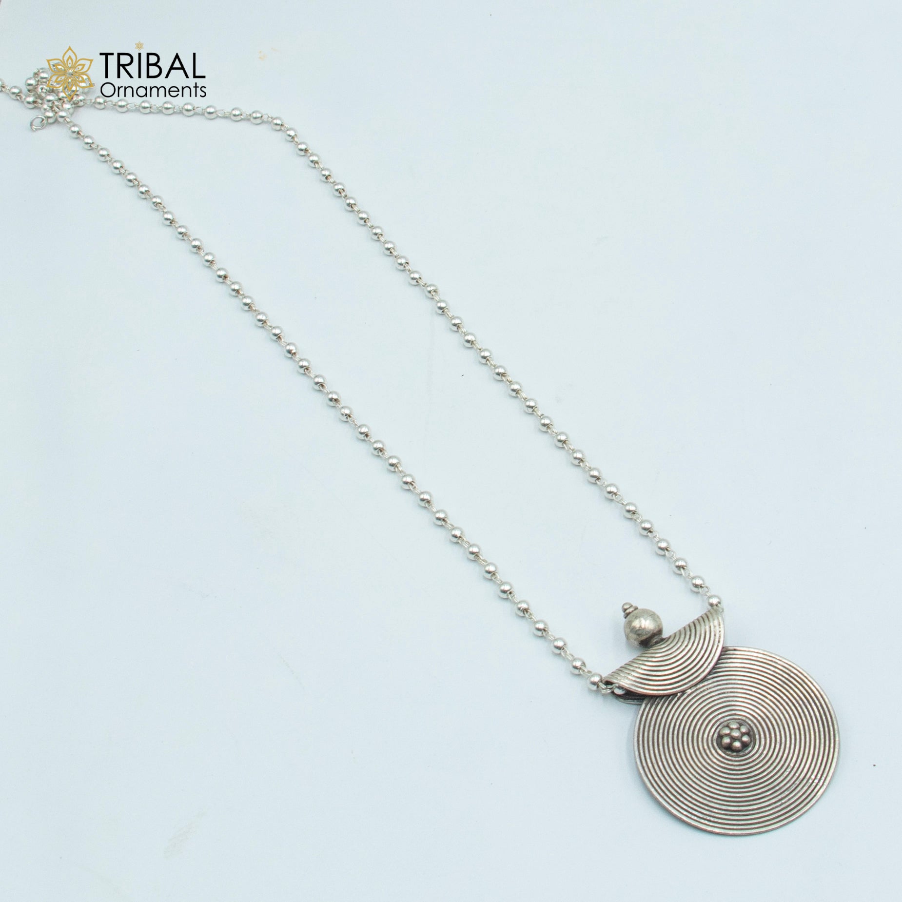 Sterling silver beaded chain with spiral ethnic pendant and matching tribal jewelry set by TRIBAL ORNAMENTS.