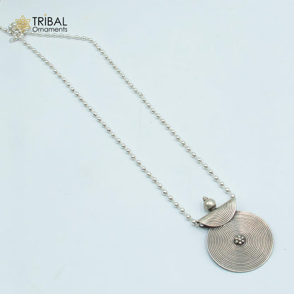 Sterling silver beaded chain with spiral ethnic pendant and matching tribal jewelry set by TRIBAL ORNAMENTS.