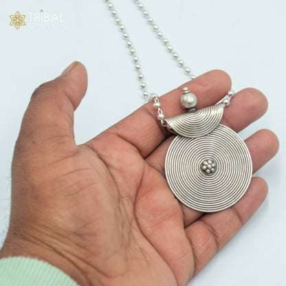 Sterling silver beaded chain necklace with spiral ethnic pendant, tribal jewelry set by TRIBAL ORNAMENTS
