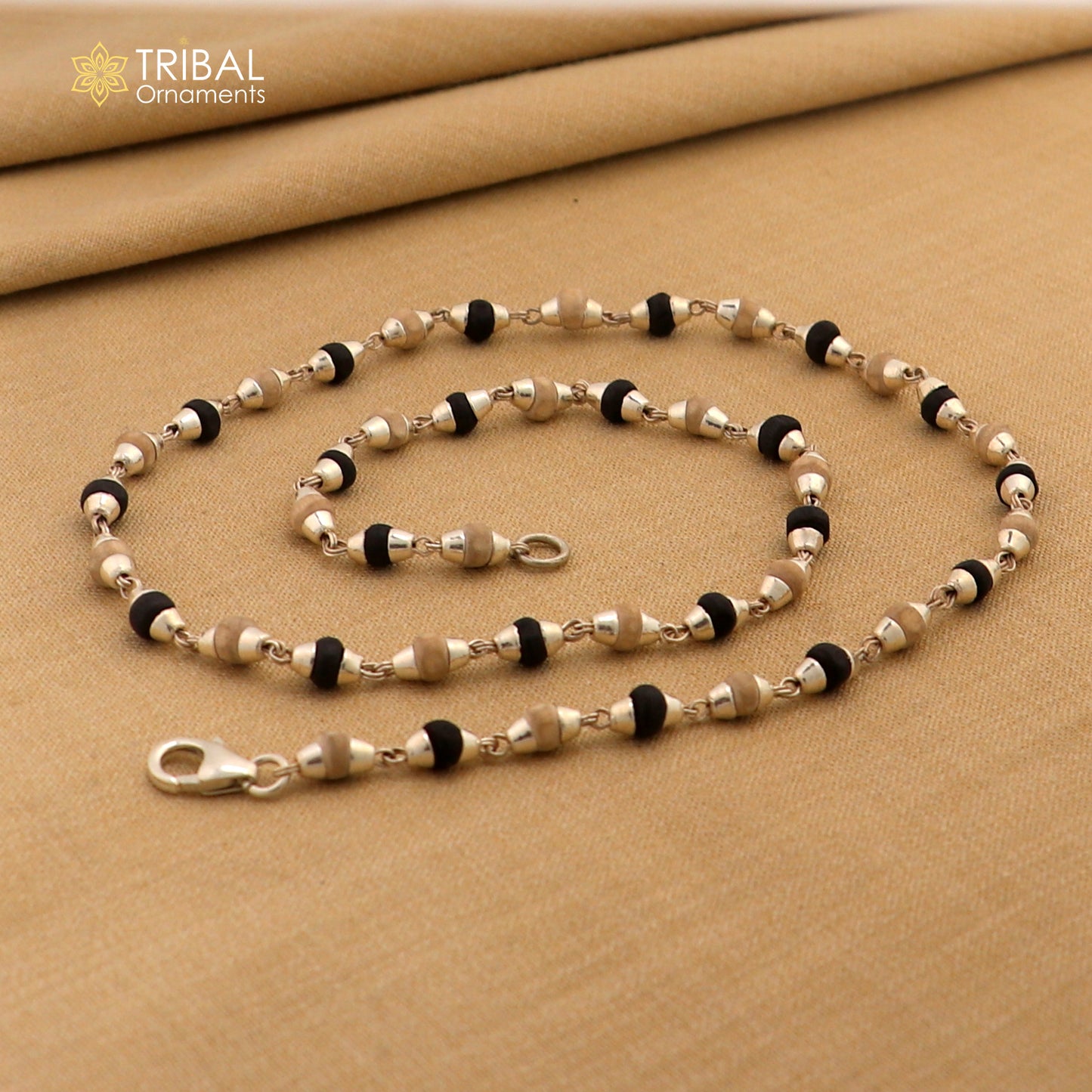 925 Sterling silver beads and black basil rosary wooden beads silver chain necklace tulsi mala use in Ayurveda meditation ch605 - TRIBAL ORNAMENTS