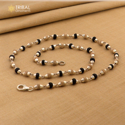 925 Sterling silver and black basil rosary beads with wooden beads on a silver chain necklace, ideal for Ayurveda meditation.