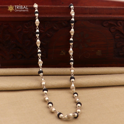 Sterling silver beads and black basil wooden beads tulsi mala necklace, ideal for Ayurveda meditation and spiritual use.
