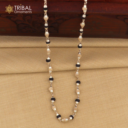 Sterling silver beads and black basil wooden beads Tulsi mala necklace with silver chain, ideal for Ayurveda meditation.