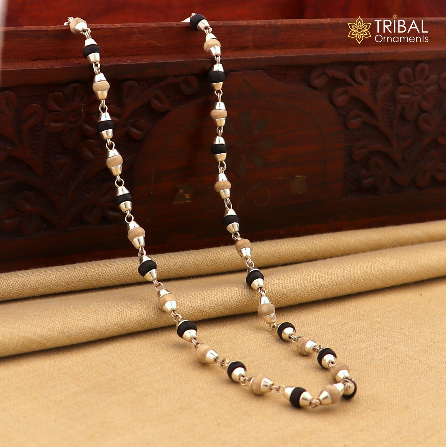 925 Sterling silver beads and black basil rosary wooden beads silver chain necklace tulsi mala use in Ayurveda meditation ch605 - TRIBAL ORNAMENTS