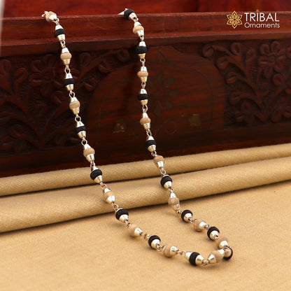 925 Sterling silver and black basil rosary beads on a silver chain necklace, ideal for Ayurveda meditation and Tulsi mala practices.