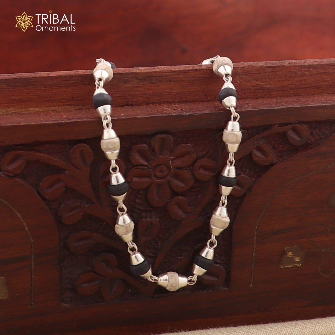 925 Sterling silver beads and black basil rosary wooden beads silver chain necklace tulsi mala use in Ayurveda meditation ch605 - TRIBAL ORNAMENTS