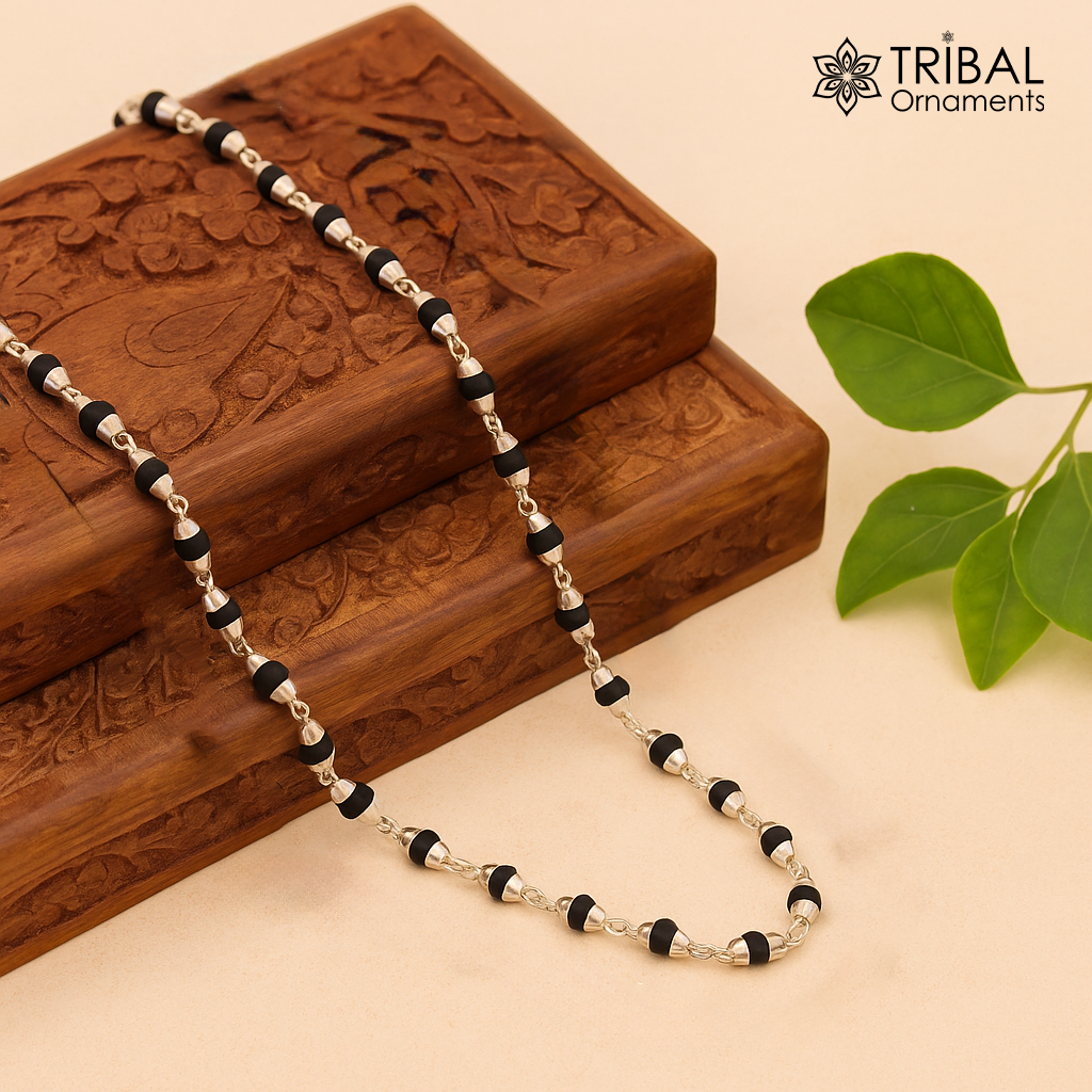 925 Sterling Silver Black Basil Rosary Necklace with Wood Beads, 20 inches, unisex Tulsi mala for meditation, from Tribal Ornaments