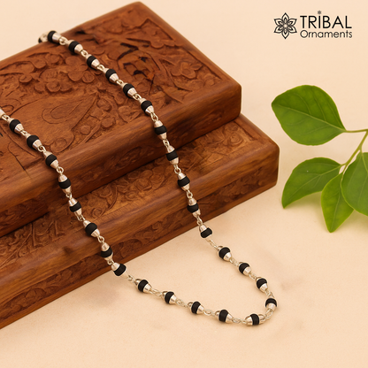 925 Sterling Silver Black Basil Rosary Necklace with Wood Beads, 20 inches, unisex Tulsi mala for meditation, from Tribal Ornaments