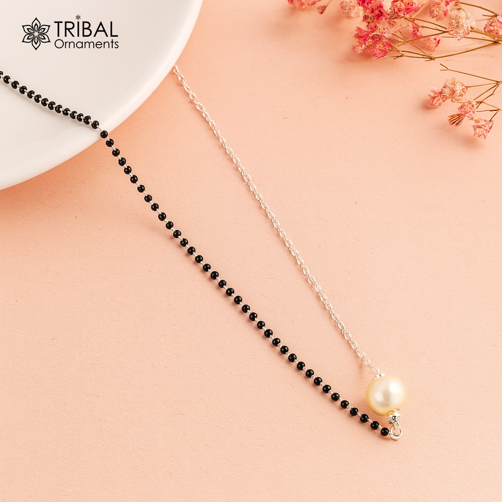 925 sterling silver black beads chain necklace, gorgeous small pearl pendant, traditional style chain beaded mangalsutra necklace set229 - TRIBAL ORNAMENTS
