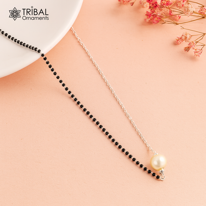 925 sterling silver black beads chain necklace, gorgeous small pearl pendant, traditional style chain beaded mangalsutra necklace set229 - TRIBAL ORNAMENTS