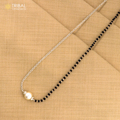 925 sterling silver black beads chain necklace, gorgeous small pearl pendant, traditional style chain beaded mangalsutra necklace set230 - TRIBAL ORNAMENTS