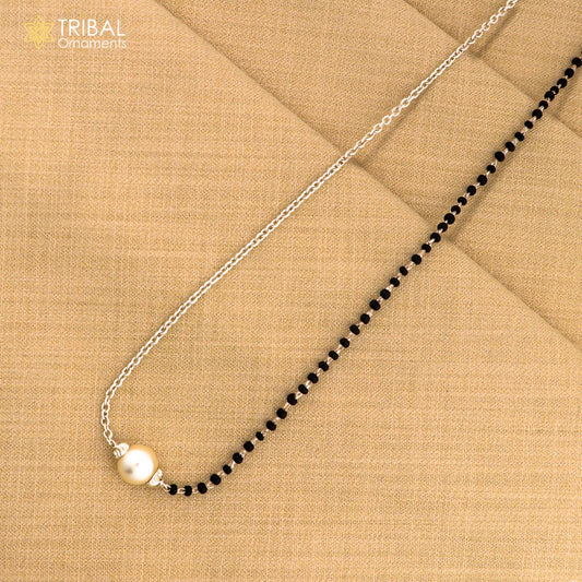 925 sterling silver black beads chain necklace, gorgeous small pearl pendant, traditional style chain beaded mangalsutra necklace set230 - TRIBAL ORNAMENTS