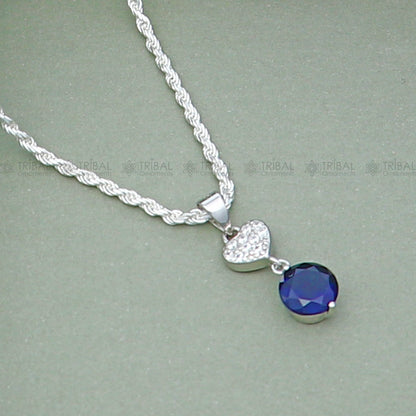 925 Sterling silver pendant set featuring a round blue sapphire diamond, showcasing a sleek and elegant jewelry design.