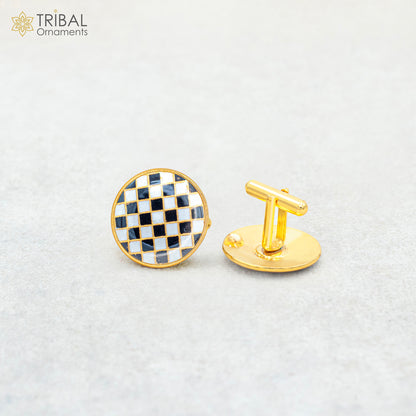 Sterling silver cufflinks with checks design and gold polish, set of 2, for men's coat or suit, by TRIBAL ORNAMENTS.