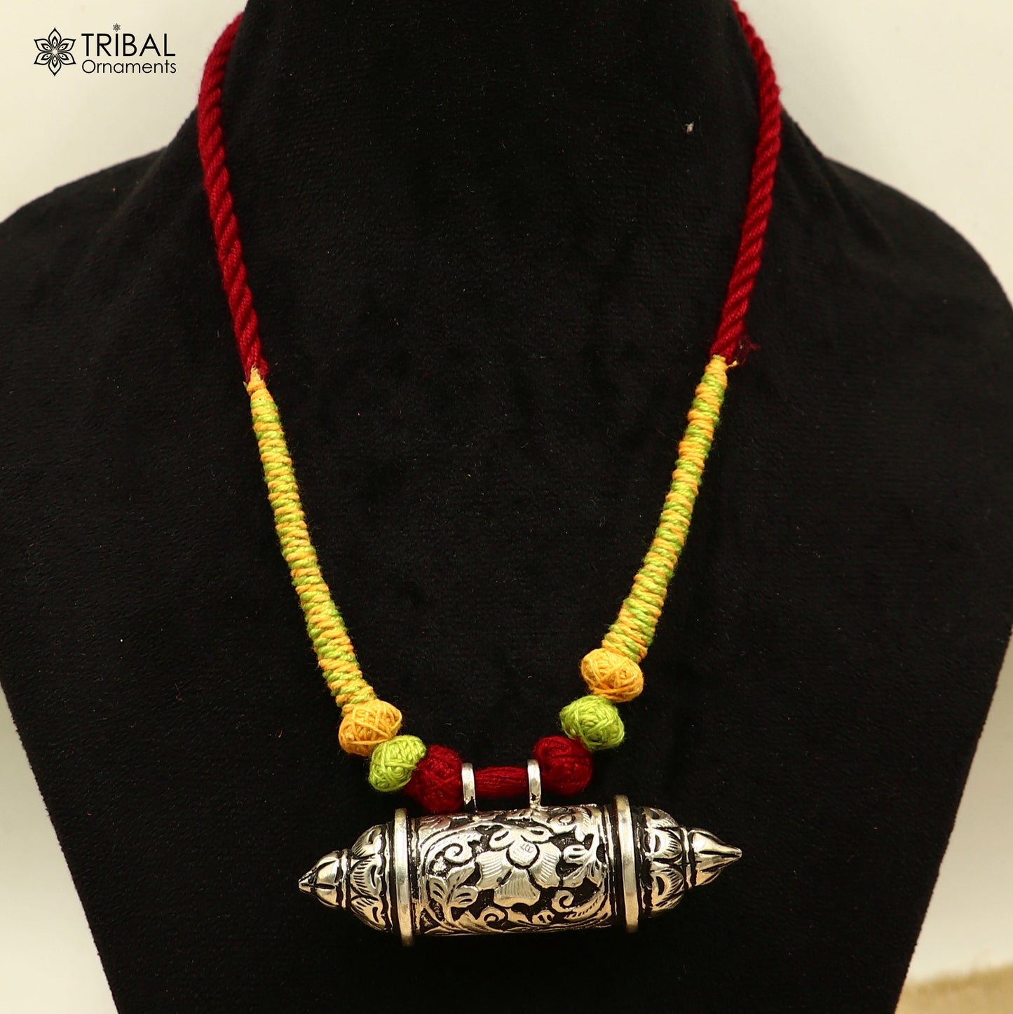 925 sterling silver chitai work amulet style thread (dori) necklace traditional jewelry set790 - TRIBAL ORNAMENTS