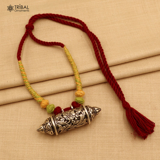925 sterling silver chitai work amulet style thread (dori) necklace traditional jewelry set790 - TRIBAL ORNAMENTS