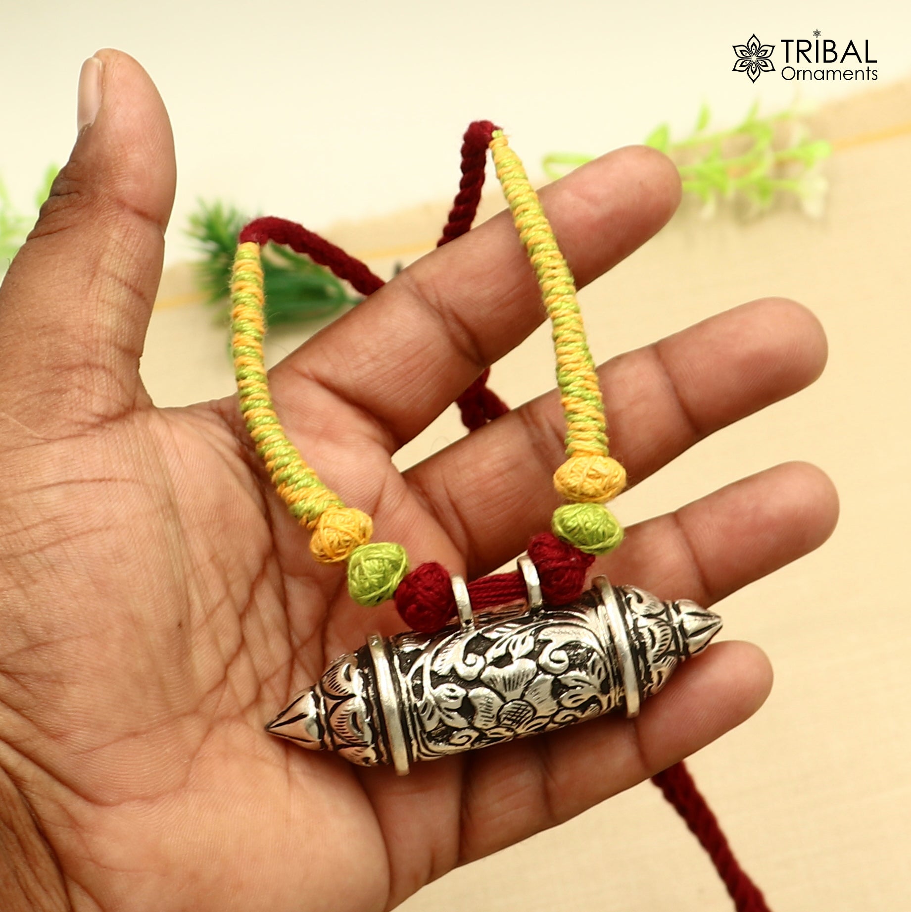 925 sterling silver chitai work amulet style thread (dori) necklace traditional jewelry set790 - TRIBAL ORNAMENTS