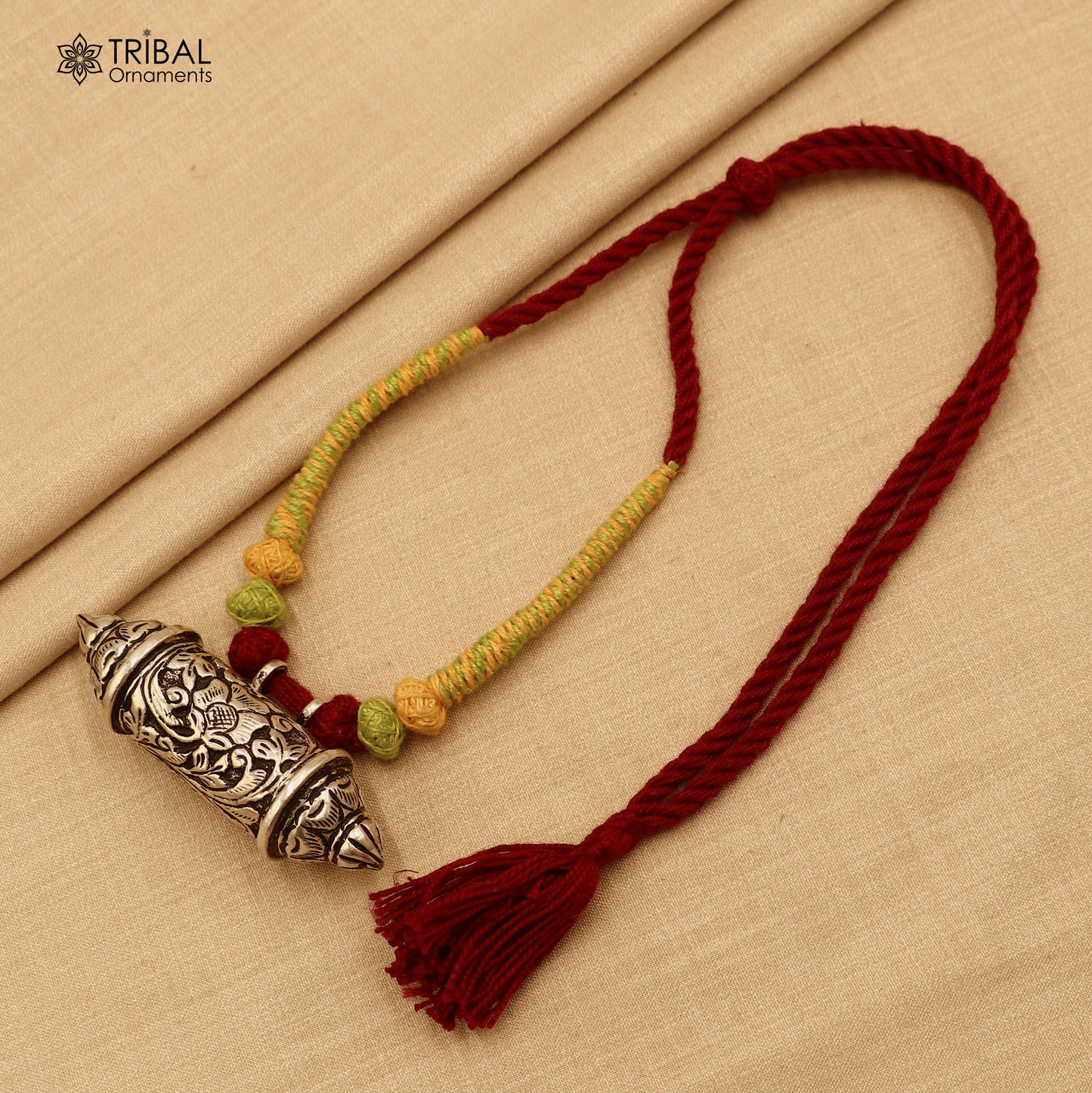 925 sterling silver chitai work amulet style thread (dori) necklace traditional jewelry set790 - TRIBAL ORNAMENTS