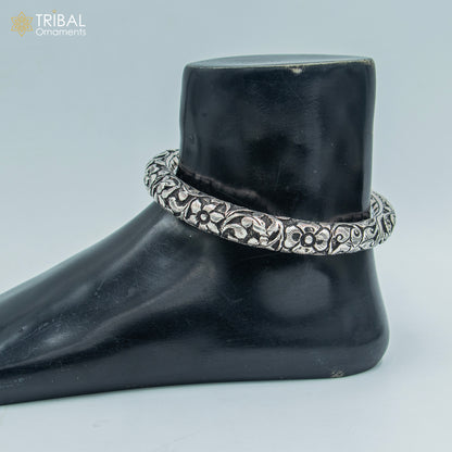 Sterling silver chitai work foot anklet and kada with intricate ethnic tribal designs, customized jewelry by TRIBAL ORNAMENTS.