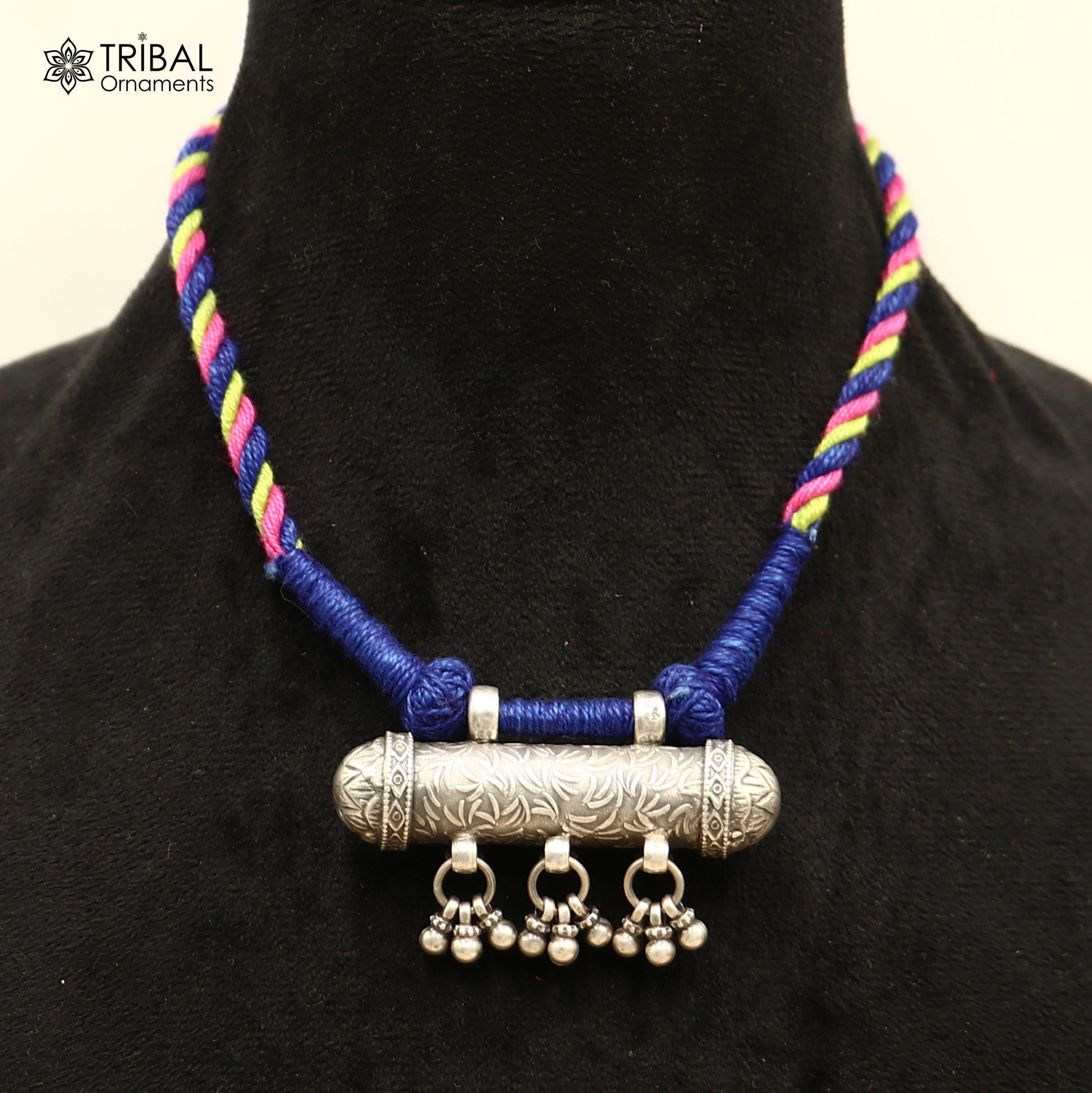 925 sterling silver chitai work drop dangle amulet style thread (dori) necklace traditional jewelry set792 - TRIBAL ORNAMENTS