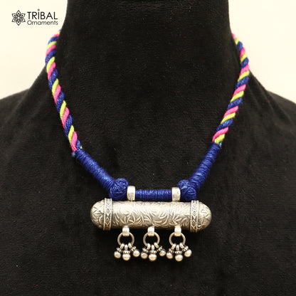 925 sterling silver chitai work drop dangle amulet thread necklace from TRIBAL ORNAMENTS, traditional jewelry set with intricate design.