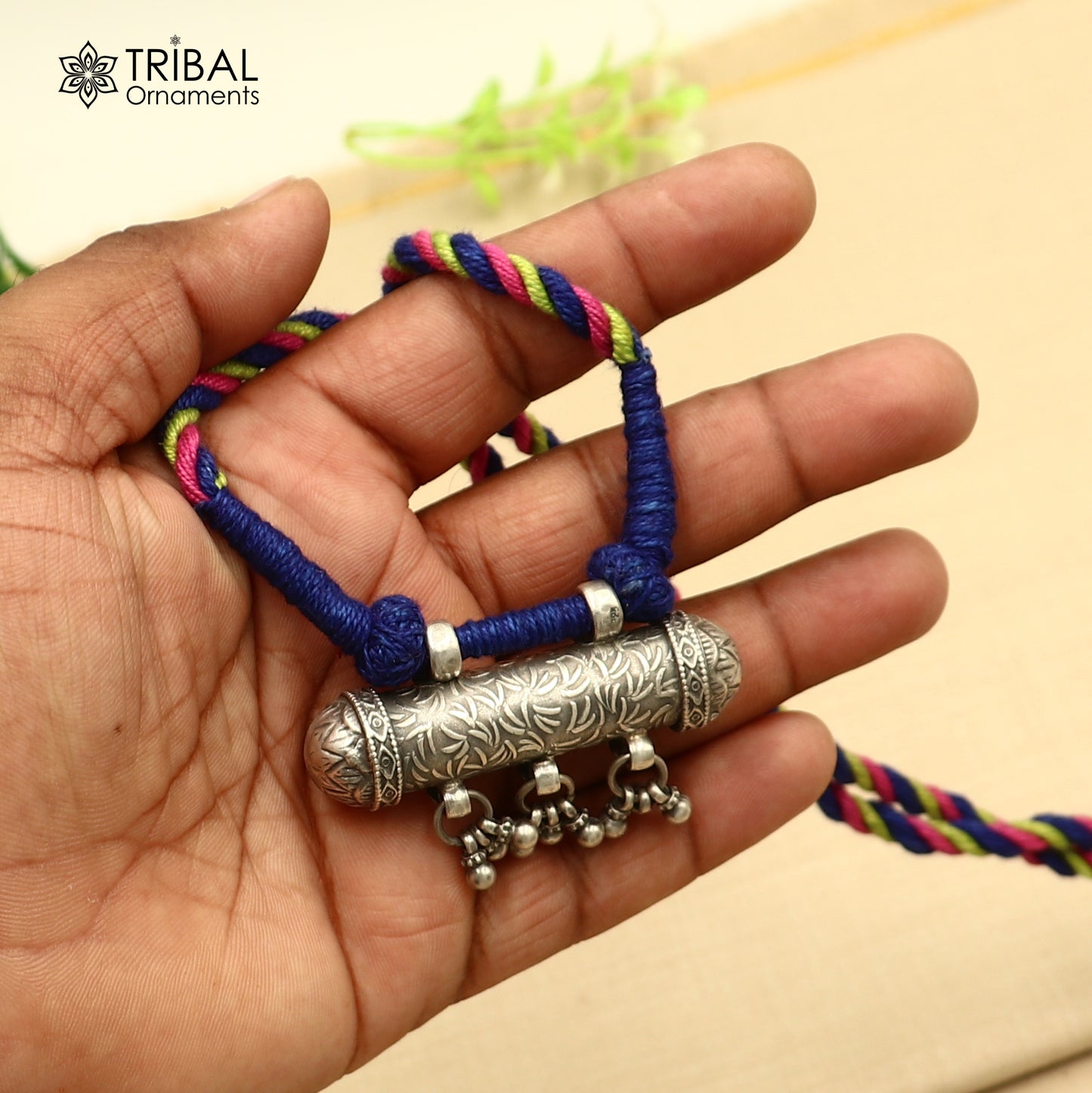 925 sterling silver chitai work drop dangle amulet style thread (dori) necklace traditional jewelry set792 - TRIBAL ORNAMENTS